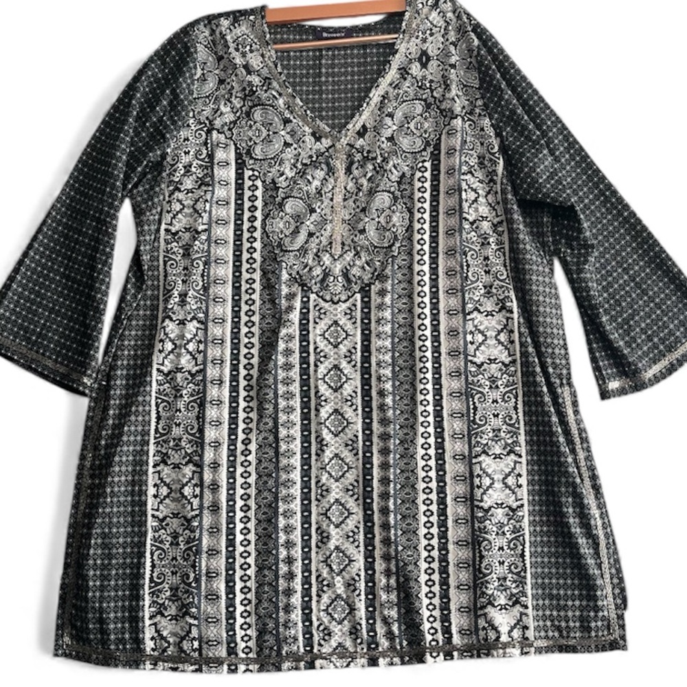 Roaman's Size 32W Black Gray Paisly Boho Beaded Long Sleeve Tunic Dress
V-Neck